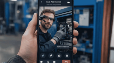 A factory machine operator using an app to communicate with maintenance