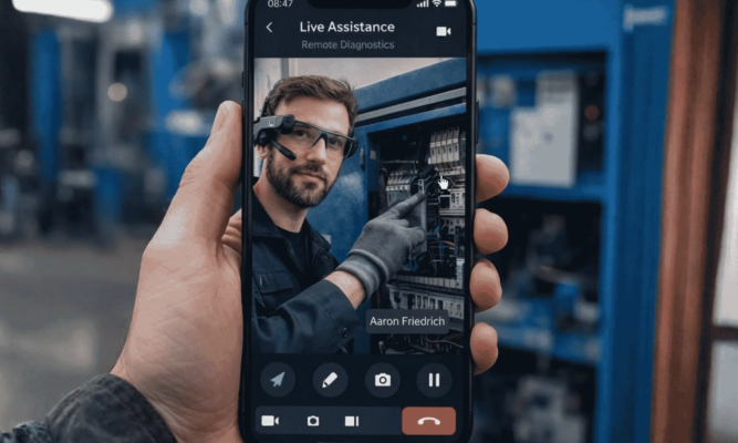 A factory machine operator using an app to communicate with maintenance