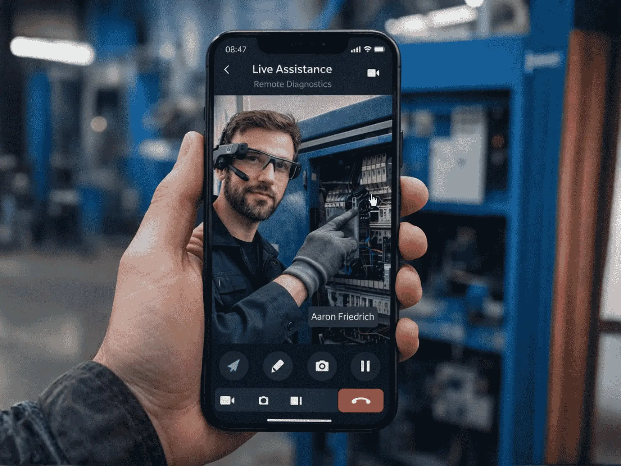 A factory machine operator using an app to communicate with maintenance