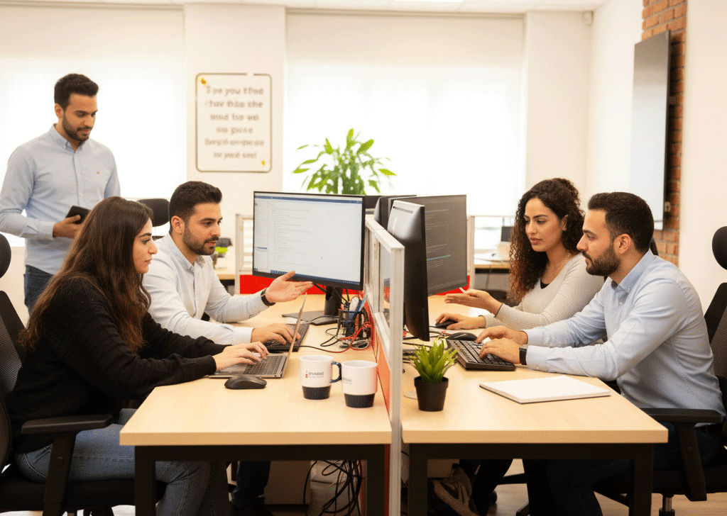 Global software development team collaborating efficiently, representing seamless IT outsourcing delivery and partnership