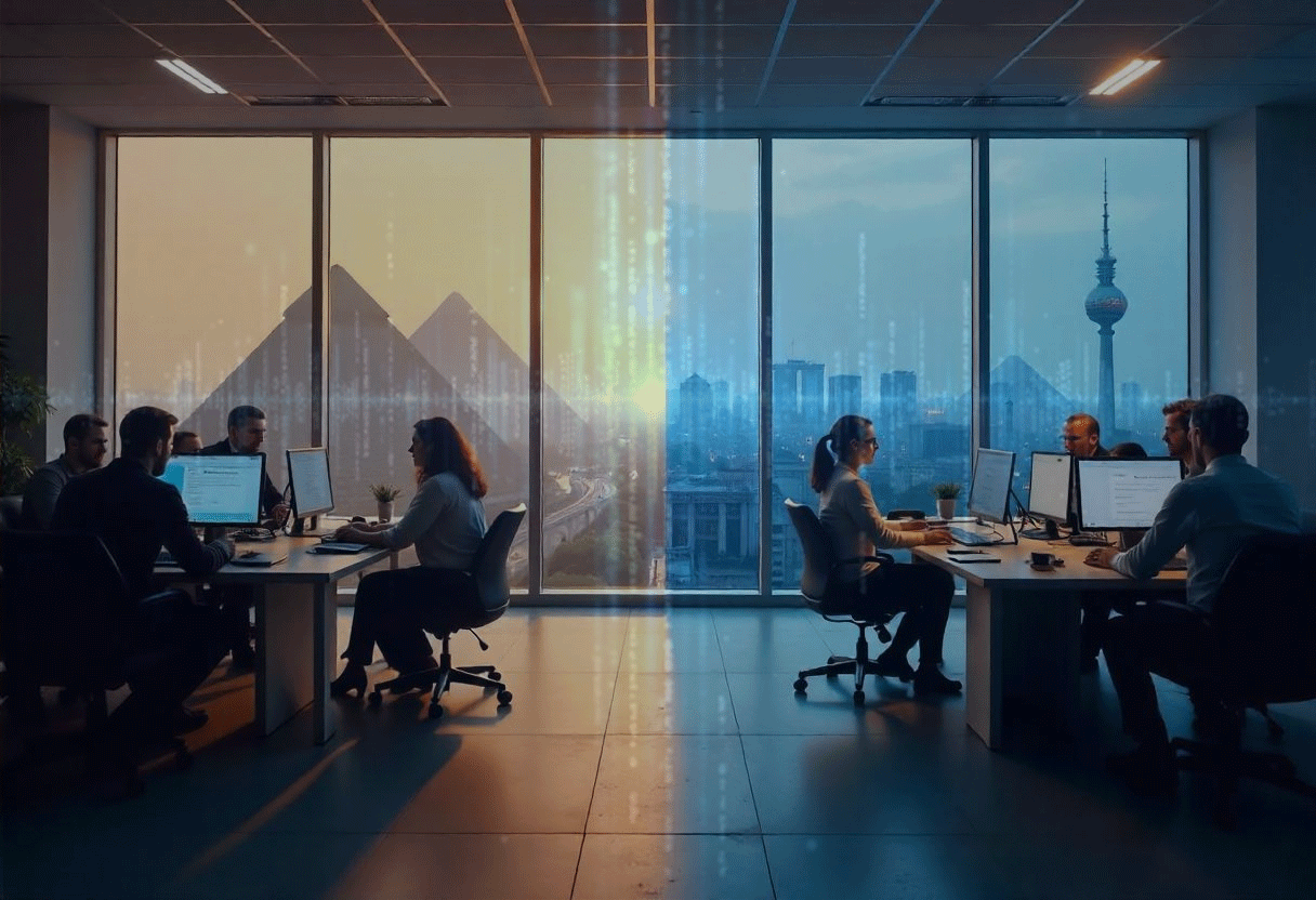 **Alt text:** Illustration of a digital bridge made of code connecting the Berlin TV Tower and the Pyramids of Giza, symbolizing the partnership between Germany and Egypt in the tech industry. Diverse developers collaborate across the bridge, with icons of agile development, cloud computing, and innovation in the background. Clean and modern design with blue tones and gold accents.