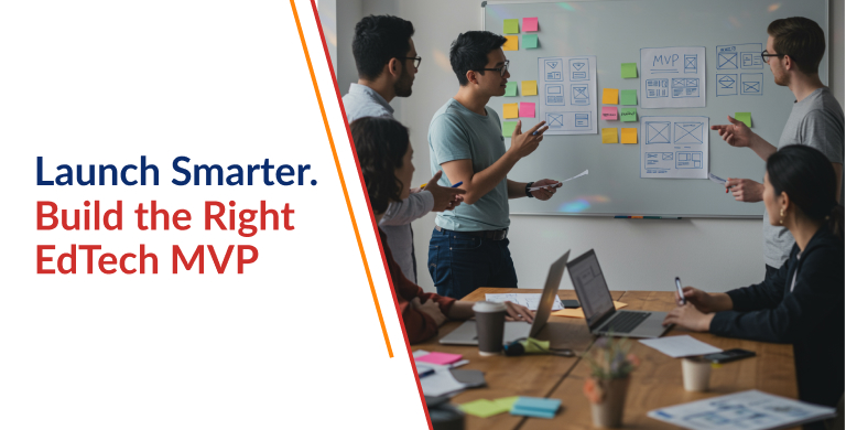 EdTech startup team brainstorming MVP features on whiteboard in modern office