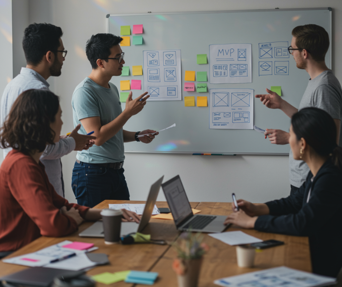 Diverse team planning EdTech MVP roadmap in collaborative workspace