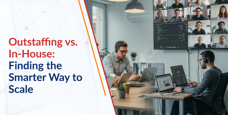 Split-screen photo showing a European startup team working in-office on the left, and remote developers collaborating via video call on the right, symbolizing in-house hiring versus outstaffing